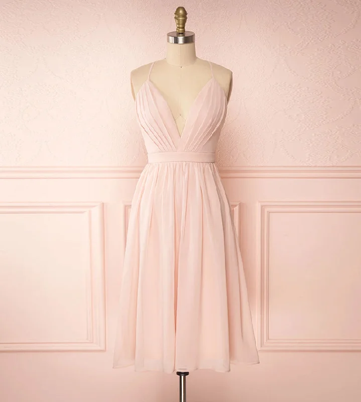 illusion sleeve prom dressesPink v neck chiffon short prom dress  8178