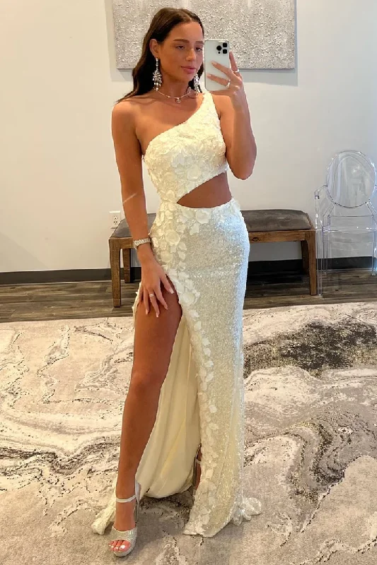 prom dresses with sheer overlaysIvory Mermaid One Shoulder Cut-Out Sequins Long Prom Gown with Slit gh2619