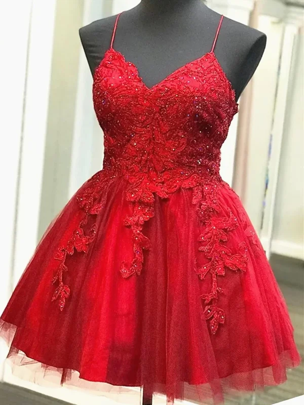 prom dresses with floral embroideryA Line V Neck Short Backless Red Lace Prom Dresses, Short Red Backless Lace Formal Homecoming Dresses  gh870