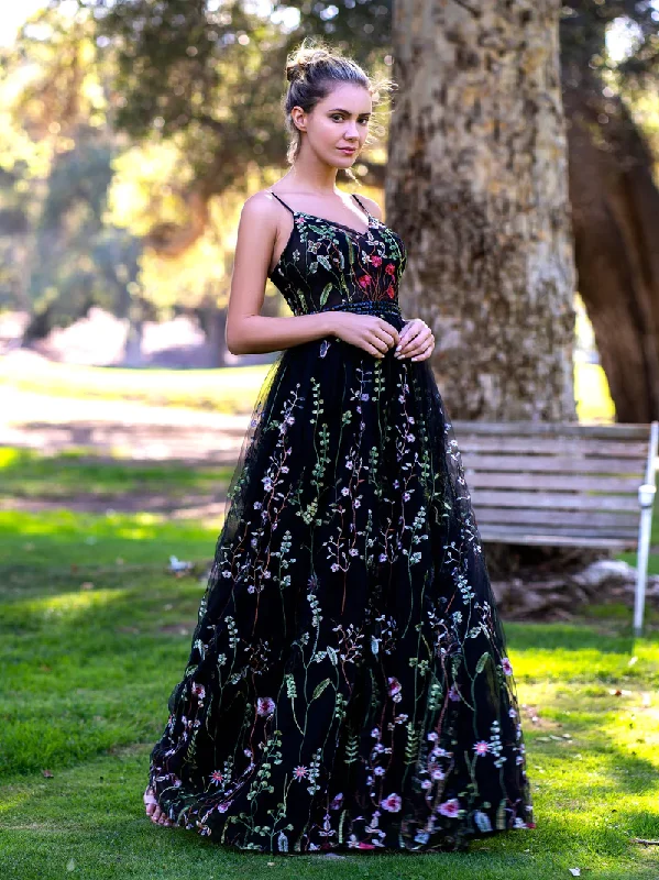 ready-to-wear prom dressesV-neck Spaghetti Straps Applique Tulle Floor Length Prom Dress gh2695