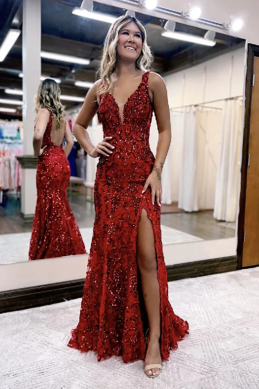 halter prom dressesMermaid V Neck Sequined Lace Prom Dress with Slit gh2677