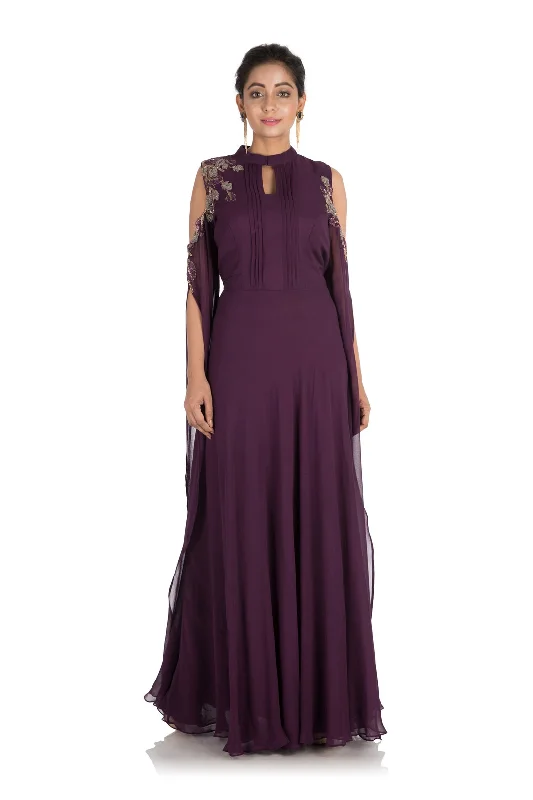 Flexible Long Sleeves Bridesmaid DressHand Embroidered Plum colorCold Shoulder Dress With Long Sleeves