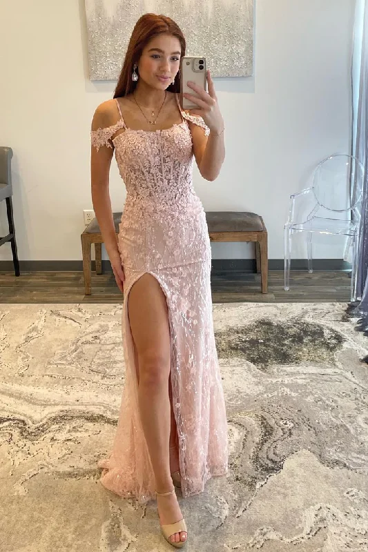 prom dresses for springBlushing Pink Mermaid Off-the-Shoulder Applique Long Prom Dress with Slit gh2616