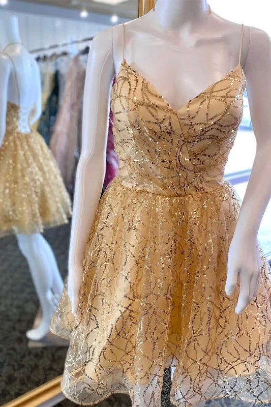 affordable luxury party dressesGold Sequin V-Neck Spaghetti Straps A-Line Short Homecoming Dress gh1329