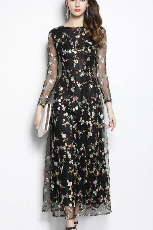 maxi dresses for beachLONG SLEEVE EMBROIDERY ORGANZA LONG DRESS - L in clearance