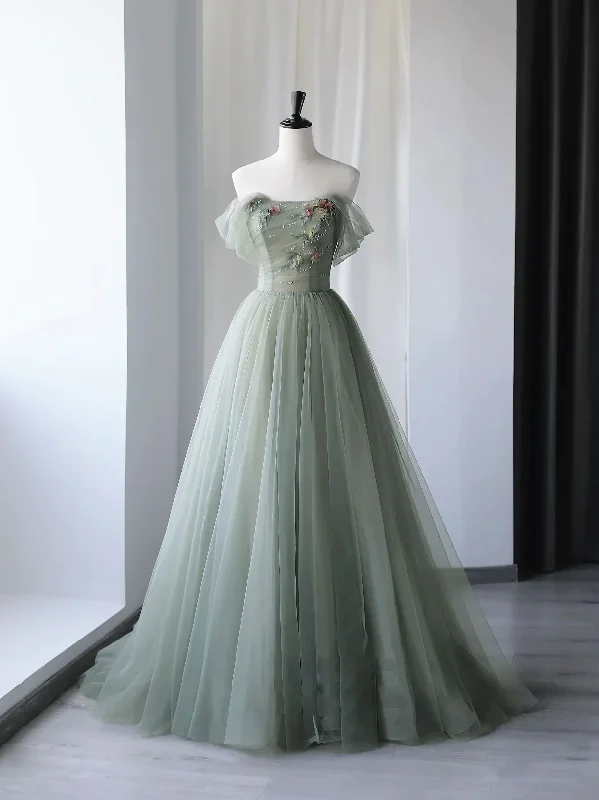 pastel prom dressesGray Green Tulle Off Shoulder Long Prom Dress, Gray Green Formal Graduation Dresses gh2530