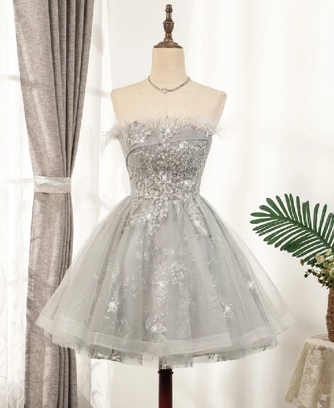 open-back prom dressesGray tulle sequins short prom dress  8331