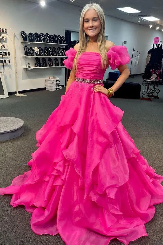 elegant prom dressesOff the Shoulder Red Balloon Sleeves Ruffle Layered Prom Dress gh2777