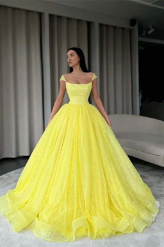 sleeveless prom dressesBall Gown Daffodil Prom Dress Long Off-the-Shoulder Sequins gh2542