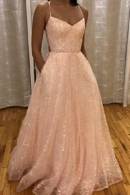 prom dress cleaningSparkly Pink Prom Dresses Long A-line Backless Formal Gown With Pocket gh2603