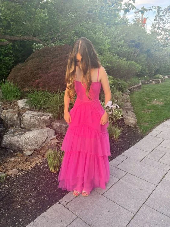 prom dress alterationsSpaghetti Straps Hot Pink Senior Tulle Prom Dress gh2812