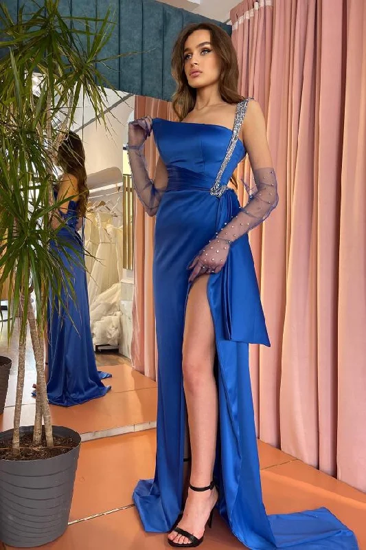 long prom dressesElegant Royal Blue One Shoulder Long Prom Dresses With Glitter gh2565