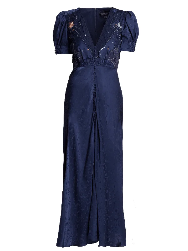 maxi dresses for mother of the groomVenyx Lea Long Dress in Navy Astro Embroidered