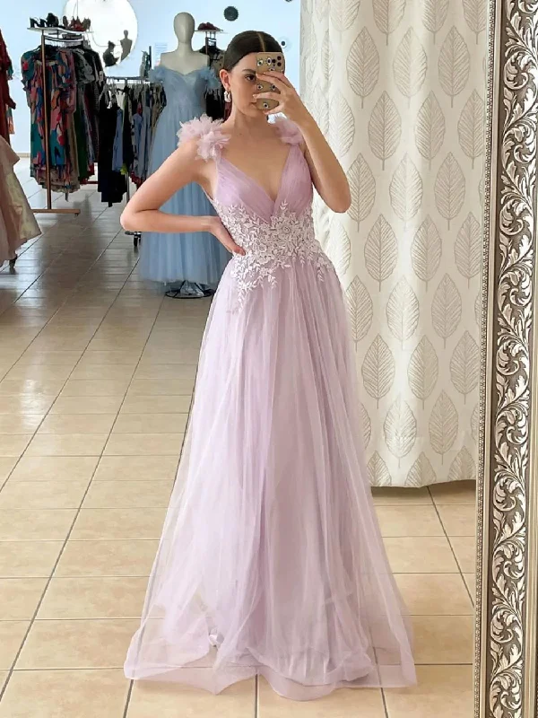 convertible prom dressesV neck A line Pink Long Prom Dresses, Lace Long Graduation Dresses With Lace Applique gh2497