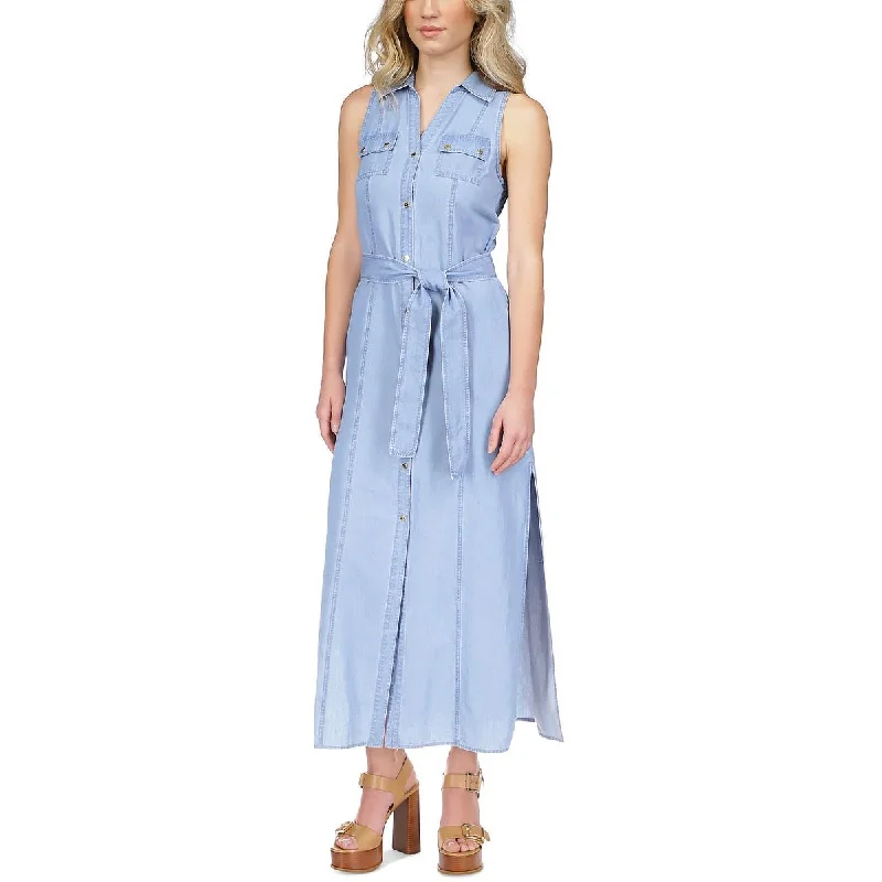 Sleeveless Dress With PatternsMICHAEL Michael Kors Womens Petites Chambray Sleeveless Shirtdress