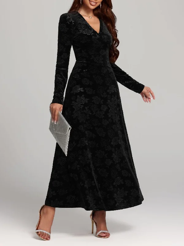 Flowing Long Sleeves Ruffle DressRose Print V-Neck Long Sleeve Dress