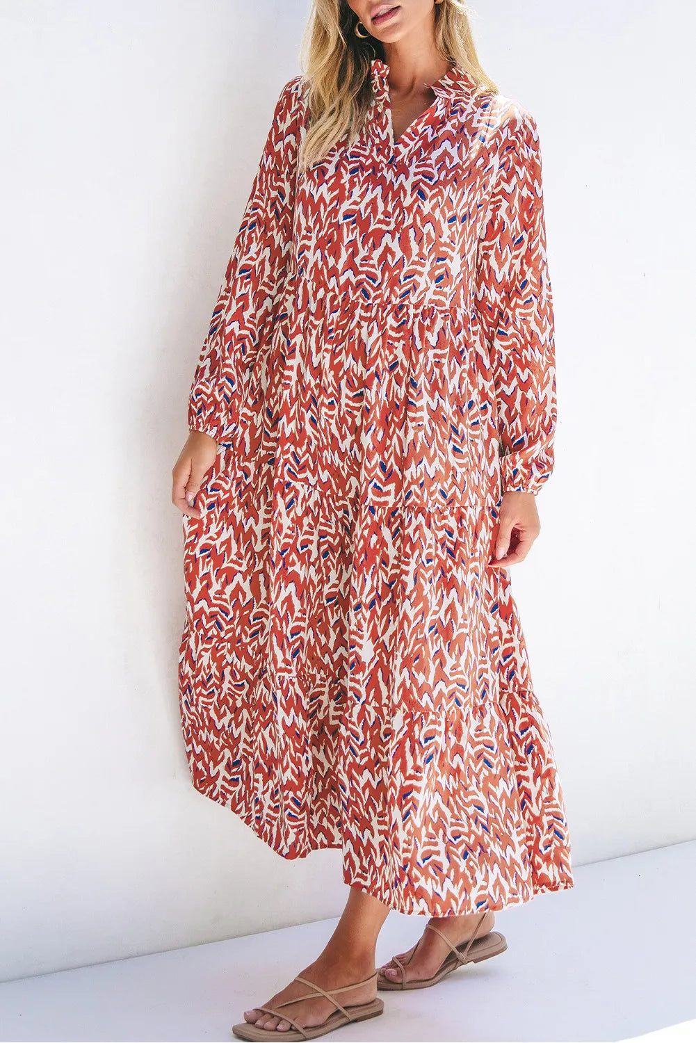 Flowery Long Sleeves Smock DressPrinted Notched Long Sleeve Dress