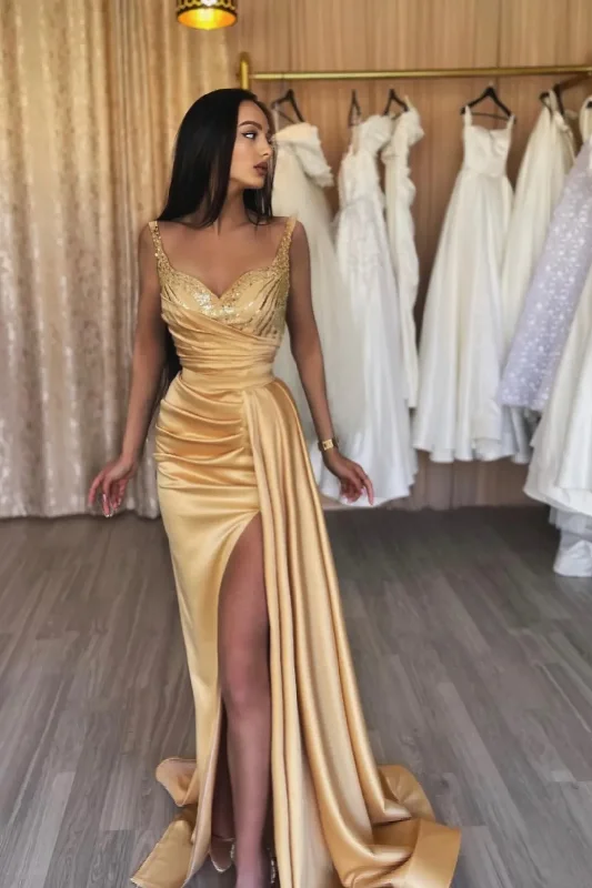 flowy prom dressesChampagne V-Neck Sleeveless Prom Dress Mermaid Sequins Slit gh2534