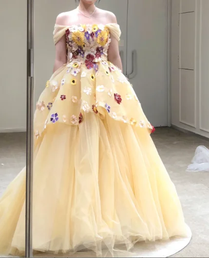 modern prom dressesOff the shoulder 3D flower prom dress a line yellow gown gh2781