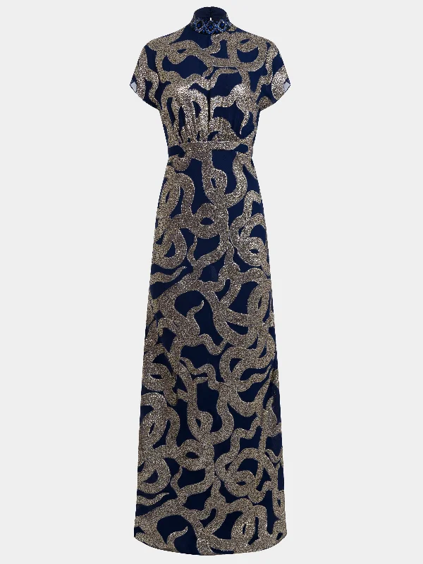 maxi dresses for maternity wearFabienne Long C Dress in Navy Jet Adder Embroidery