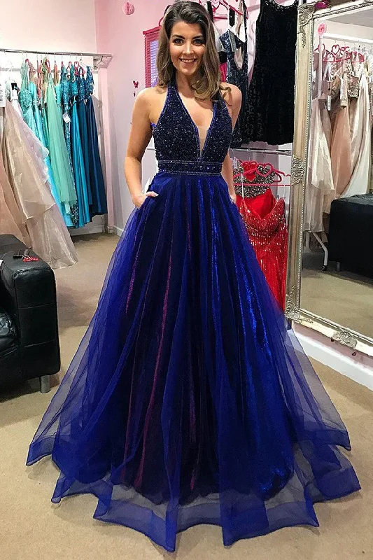 prom dresses for curve-hugging figuresModest Unique Royal Blue And Purple V-neck Beading Long Prom Dresses With Pockets gh2474