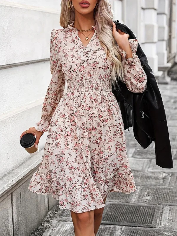 Fashionable Long Sleeves DressRuffle Hem Floral Surplice Long Sleeve Dress