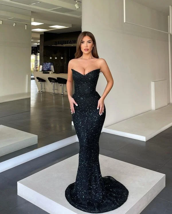 prom dresses for apple shapesSparkly Mermaid Strapless Dark Green Sequins Long Prom Dresses gh2632