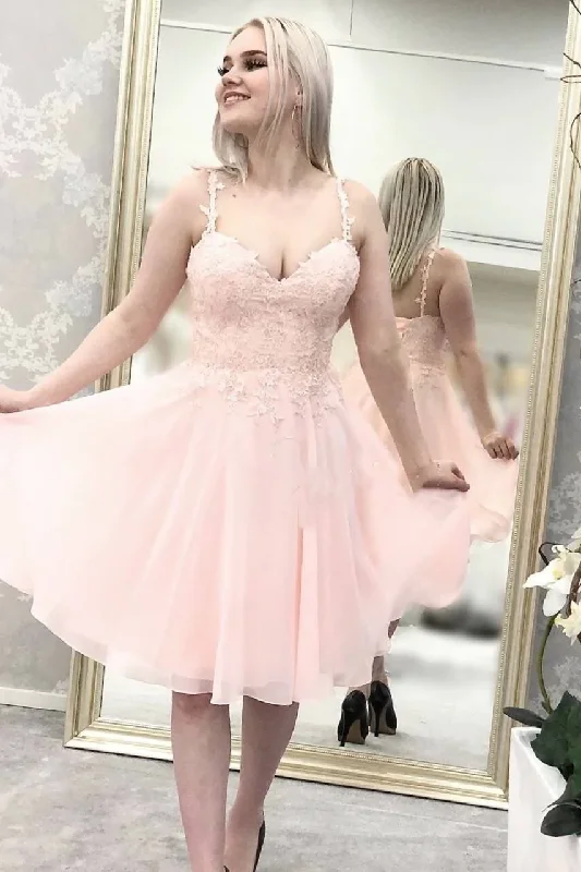 body-skimming party dressesPink Spaghetti Straps Lace Appliques Short Homecoming Dress  gh1552