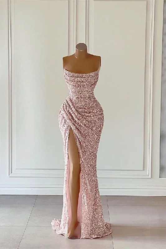 budget-friendly prom dressesGorgeous Pink Sequined Sleeveless Prom Dress With Slit gh2723