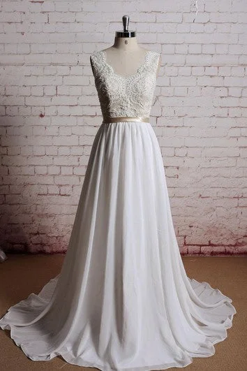 Sleeveless Dress In SilkA-Line Chiffon Sleeveless Dress With Lace Bodice and Satin Bow Sash