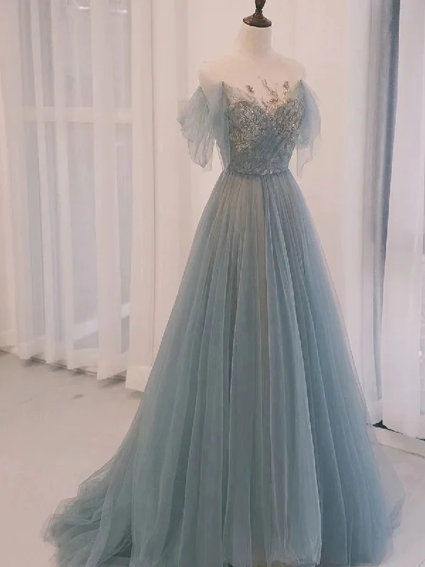 prom dresses for tall girlsA-Line Scoop Neckline Tulle Gray Blue Long Prom Dress with Sequin gh2638