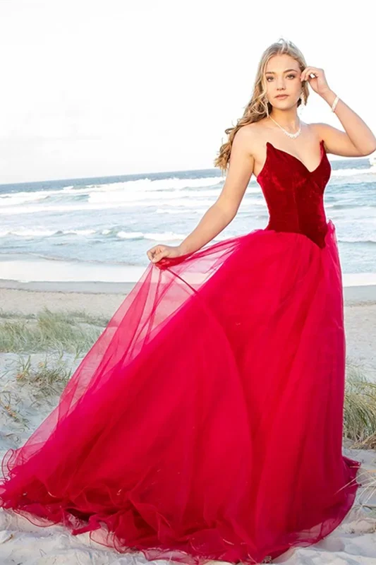 cap sleeve prom dressesBurgundy Tulle Prom Dress Velvet Top V-Neck gh2545