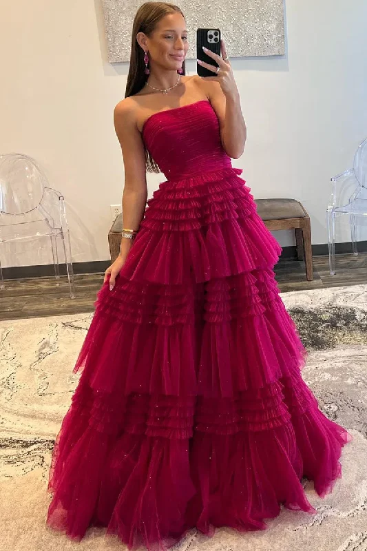 luxury prom dressesA-Line Strapless Tulle Long Prom Dress with Tiered Ruffles gh2676