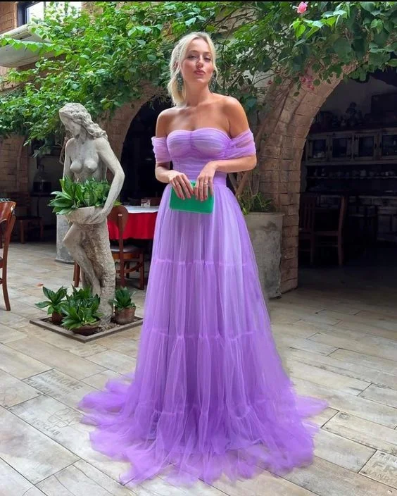 prom dresses for fallElegant Purple Tulle A-Line Off Shoulder Long Prom Dress gh2833