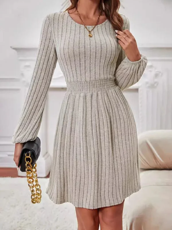 Fitted Long Sleeves Peplum Midi DressSmocked Round Neck Long Sleeve Knee Length Dress