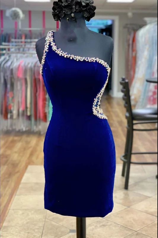 tall party dressesRoyal Blue Velvet One-Shoulder Beaded Short Homecoming Dress gh1569