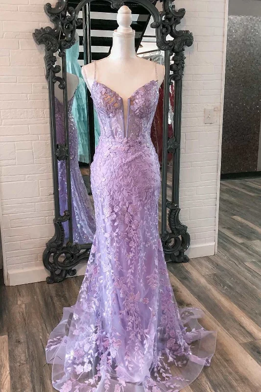 prom dress color trendsLavender Floral Appliques Split Neck Mermaid Long Prom Dress gh2595