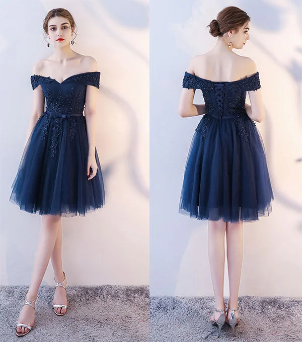 short prom dressesDark blue lace v neck short prom dress, homecoming dress  7780