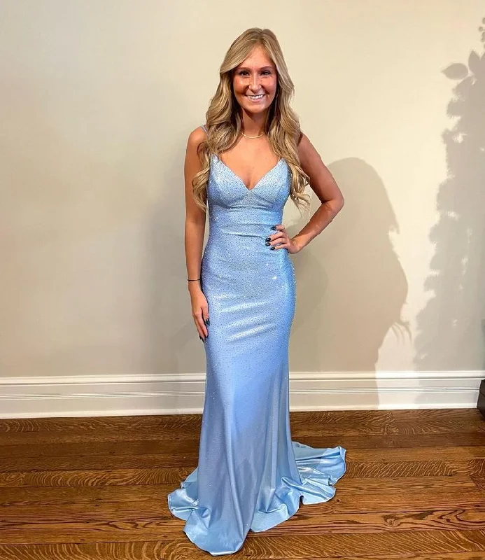 A-line prom dressesCute Mermaid V Neck Light Blue Satin Prom Dresses with Beading gh2978