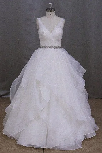 Sleeveless Dress With Balloon Sleeves (detachable)Organza V-Neck Sleeveless Dress With Ruffles and Beaded Waist