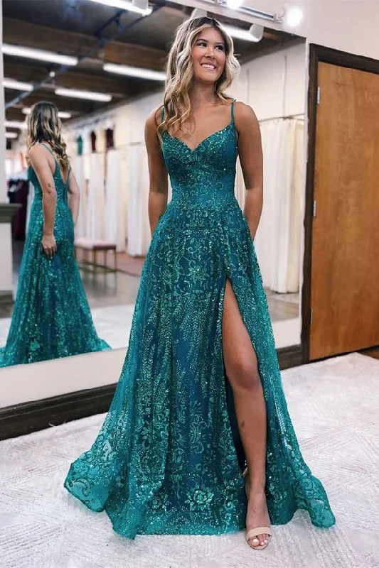 ball gown prom dressesDesigner Long A-line Spaghetti Straps Lace Sleeveless Prom Dress With Slit  gh2709