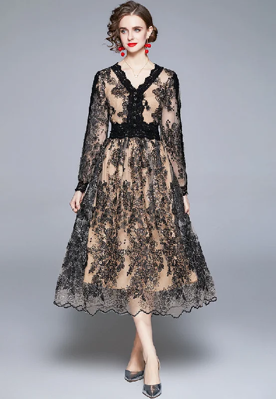 velvet maxi dressesLace lace V-neck long sleeved slim fitting mesh sequin embroidered long dress