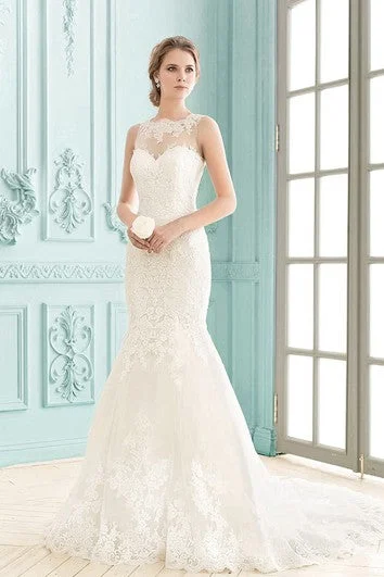 Sleeveless Dress PromBateau Sleeveless Floor-length Lace Illusion Back Mermaid Dress