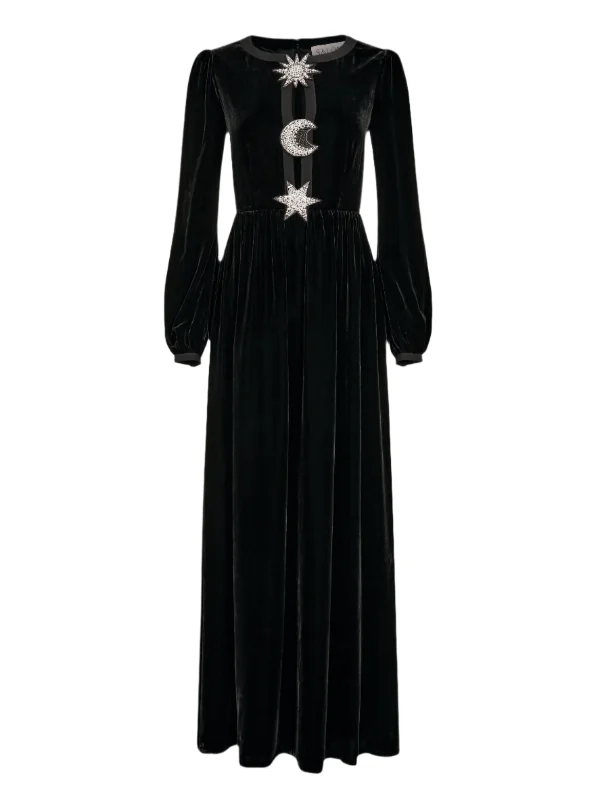 maxi dresses for date nightsCamille Embellished Sun Moon Star Long Dress in Black