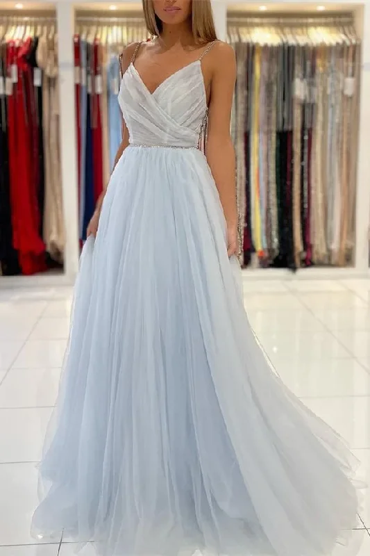 prom dress shopping tipsSpaghetti Straps V-Neck Tulle Long Prom Dresses With Beads gh2599