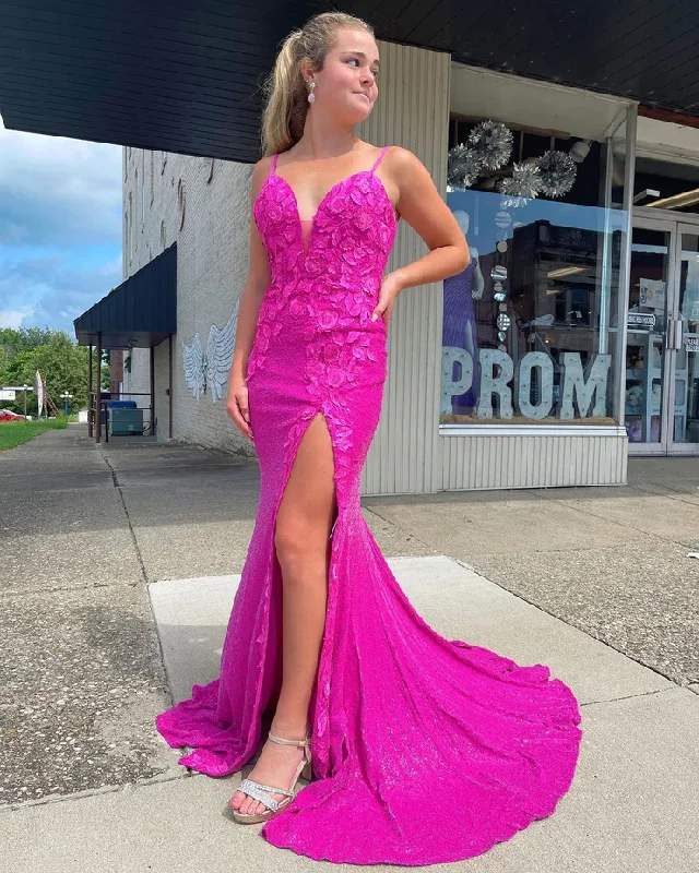 chiffon prom dressesSparkly Mermaid V Neck Fuchsia Sequins Long Prom Dresses with Appliques gh2584