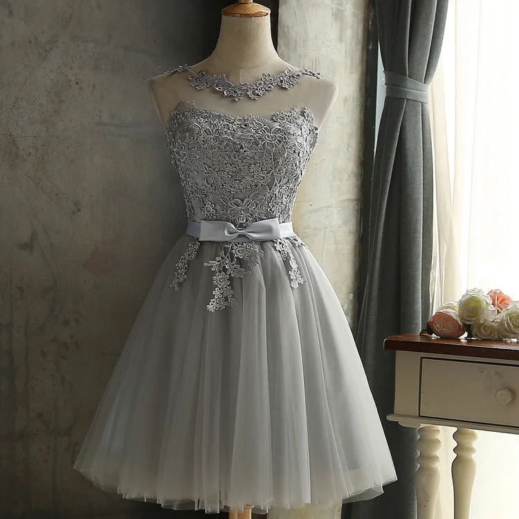 illusion neckline prom dressesGray lace short A line prom dress homecoming dress  8411