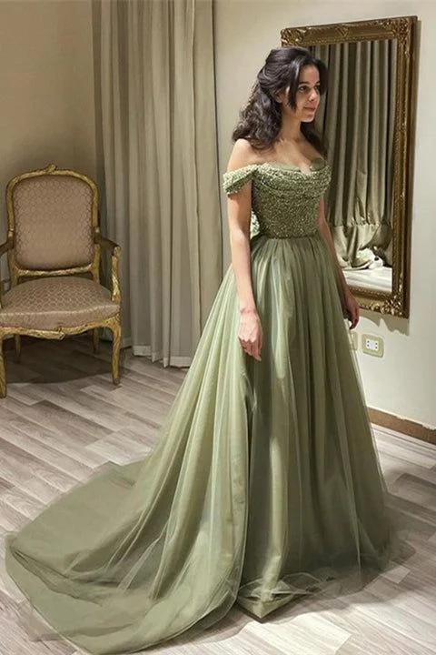 beaded prom dressesBeautiful Long Green A-line Off-the-shoulder Sequined Beading Prom gh2753