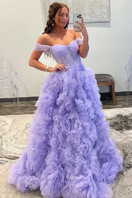 prom dresses with lace appliquésA-line Off-the-Shoulder Ruffle Layers Boning Long Prom Gown gh2621