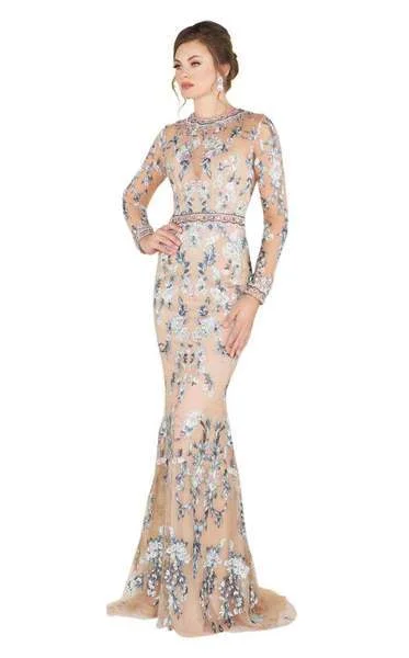 Fitted Long Sleeves High-Low DressMac Duggal - Floral Embroidered Long Sleeve Dress 79222D - 1 pc Nude/Multi In Size 8 Available